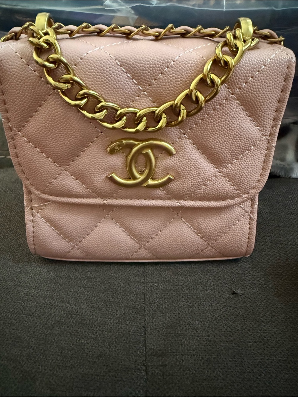 Pink Quilted Mini Chain Bag with Gold CC
